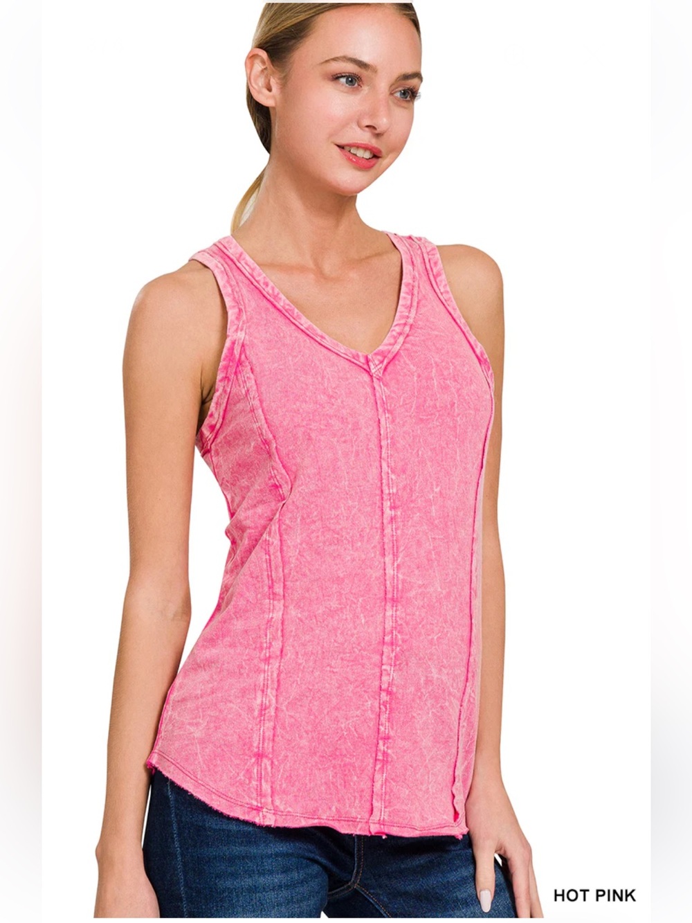 Zenana Crinkle Wash 💖 Terry Raw Edge Women's Hot Pink V‑Neck Tank Top